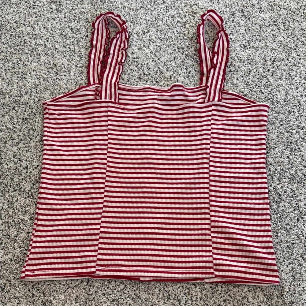 Aero Striped Red & White Button-Front Ruffle Strap Cami - Picture 5 of 6